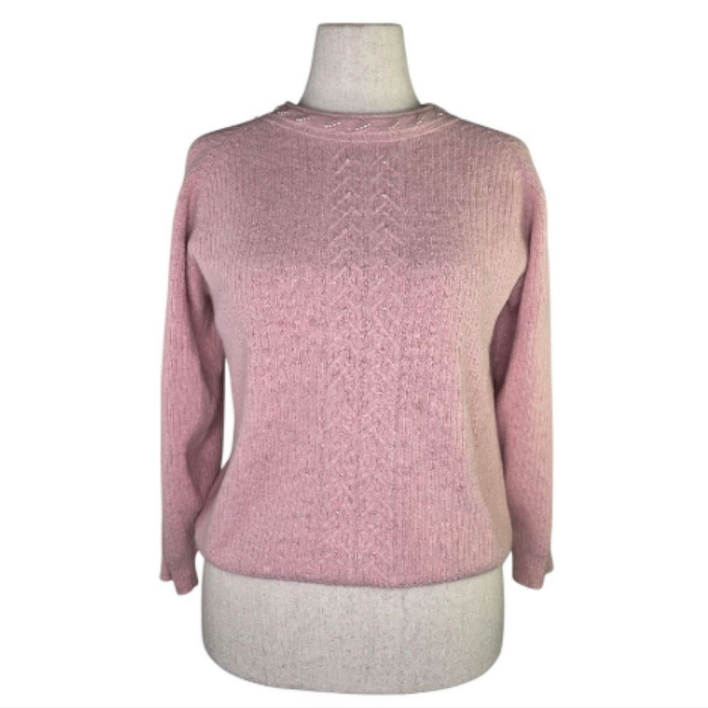 Koret Silk Angora Pearl Trim Blush Pink Sweater L Vintage Made in Hong Kong